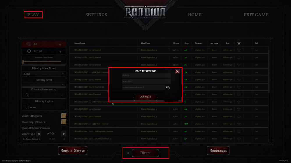 Dark-themed game server selection screen with a pop-up window titled 