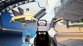 ShatterRush first-person perspective showing industrial crane mechanics and arena layout during a multiplayer match