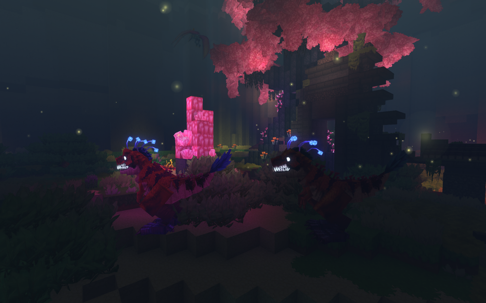 Based on the asset being edited in the blog post, the image is of a Cave Rex dinosaur in a bioluminescent environment.  Alt Text A green Cave Rex dinosaur stands in Hytale's Underground Jungle biome, illuminated by the pink bioluminescent glow of large alien-like trees and flora within a dark cavern.