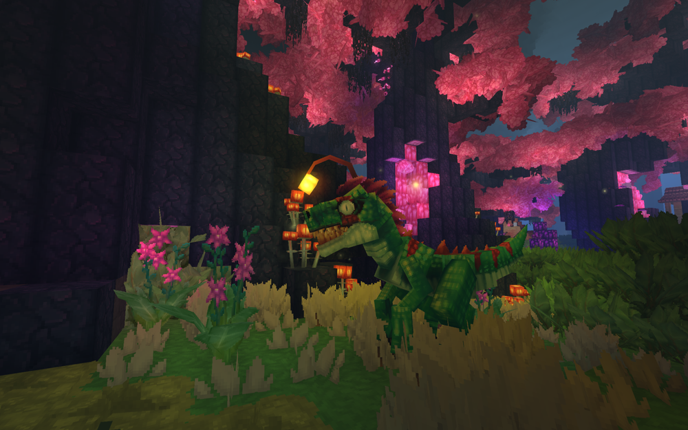 green Cave Raptor dinosaur standing in the Underground Jungle biome of Hytale. The creature is positioned on a patch of grass within a dark cavern, illuminated by large, glowing pink bioluminescent trees and flora in the background.