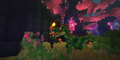 green Cave Raptor dinosaur standing in the Underground Jungle biome of Hytale. The creature is positioned on a patch of grass within a dark cavern, illuminated by large, glowing pink bioluminescent trees and flora in the background.