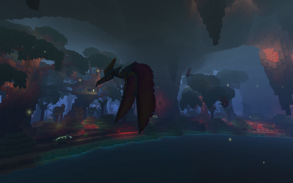 Hytale Zone 4 gameplay showing flying Pterosaur-like creatures in the bioluminescent Underground Jungle biome.