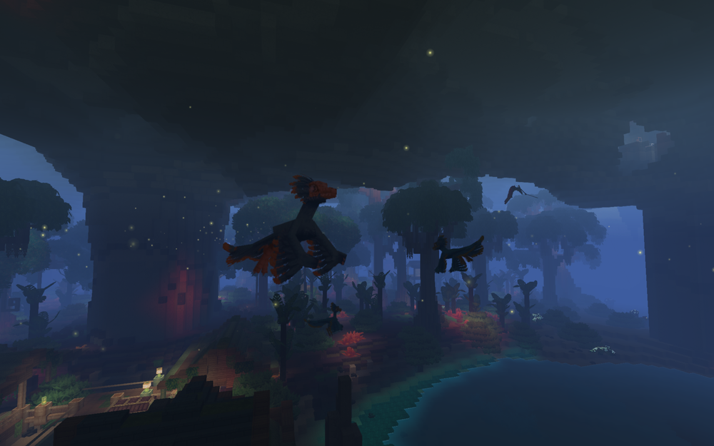 A bioluminescent dinosaur standing in a dark, cave-like environment in Hytale. The creature features a glowing head appendage similar to an anglerfish, with a light-producing bulb (esca) at the tip of a long stalk (illicium) casting a soft blue glow over its scales and the surrounding rocky terrain.
