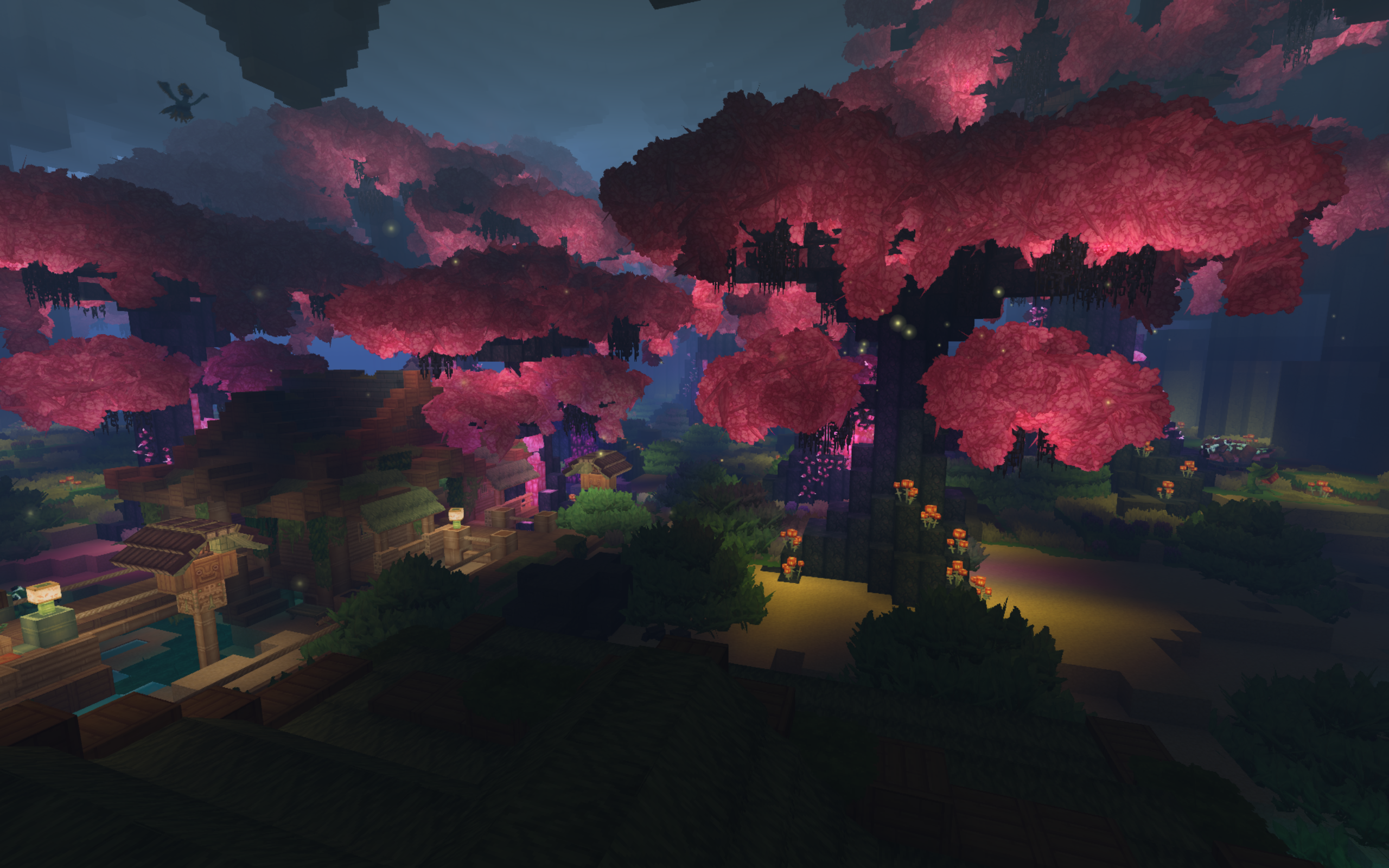 A wide-angle view of the Underground Jungle in Hytale, featuring large, alien-like trees with vibrant pink bioluminescent leaves. The glowing foliage illuminates a dark cavern filled with rocky terrain and smaller glowing blue plants, creating a hazy, atmospheric subterranean forest.
