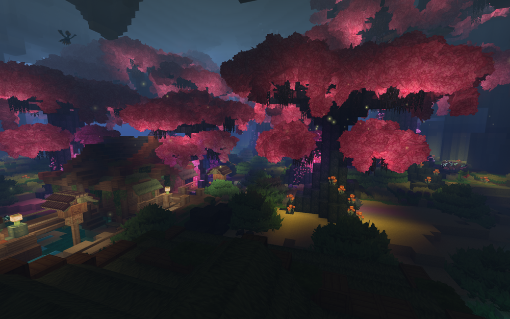 A wide-angle view of the Underground Jungle in Hytale, featuring large, alien-like trees with vibrant pink bioluminescent leaves. The glowing foliage illuminates a dark cavern filled with rocky terrain and smaller glowing blue plants, creating a hazy, atmospheric subterranean forest.