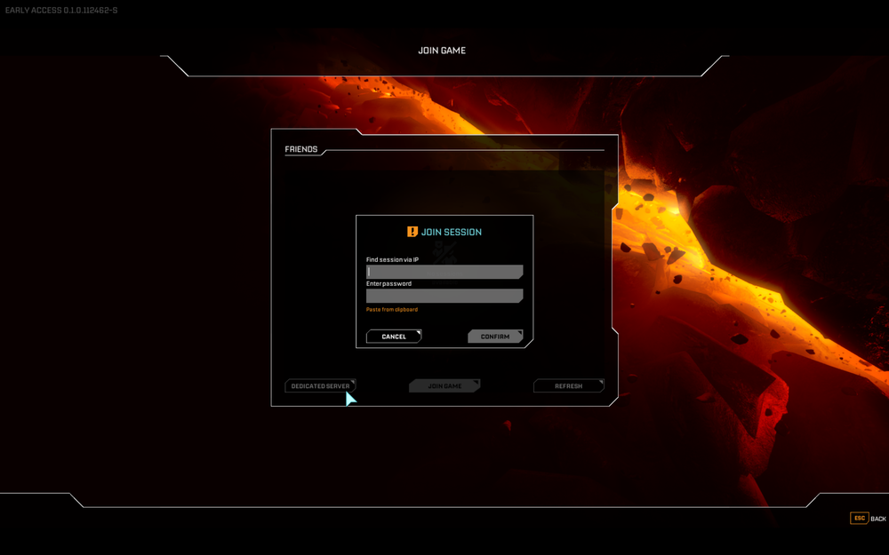 Dark sci-fi join screen with a lava-orange background; central 