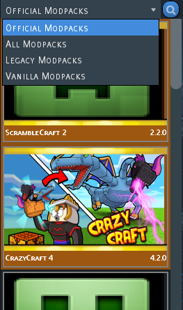 A screenshot of the Voids Wrath Minecraft Launcher showing the dropdown for Official Modpacks.