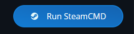 Blue rounded button with Steam logo labeled Run SteamCMD on a dark background.