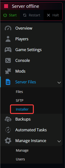 Dark server management UI showing Server offline with Start, Restart, Halt; left navigation highlights Server Files and Installer.