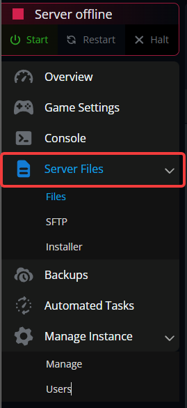Dark admin sidebar; Server Files highlighted with Files, SFTP, Installer; includes Backups, Automated Tasks, Manage Instance with Manage and Users.