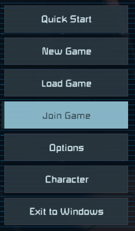 Space Engineers main menu with the Join Game option selected, used to connect to multiplayer servers.
