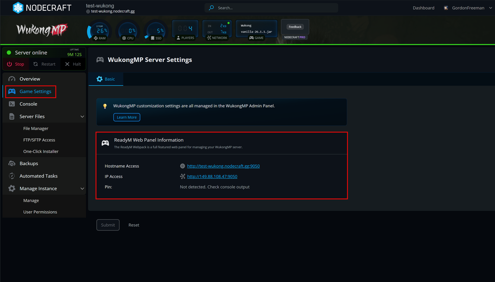 A screenshot of the Nodecraft control panel interface for a WukongMP server, showing the 'Game Settings' tab with details for the ReadyM Web Panel, including Hostname Access, IP Access, and a PIN status notification.