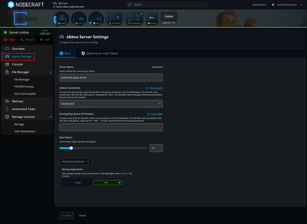 A screenshot of the Nodecraft control panel's s&box server settings, showing the configuration fields for the Steam Server Auth Token and the default gamemode selection.