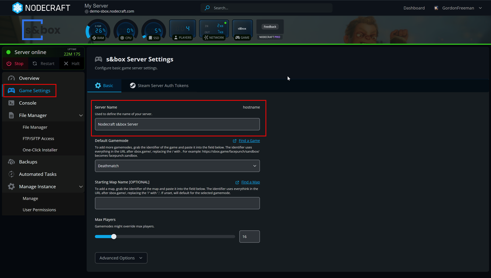 A screenshot of the Nodecraft control panel's Game Settings page for an s&box server, with a red box highlighting the 