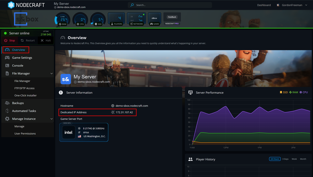 A screenshot of the Nodecraft control panel Overview page for an s&box server, with red boxes highlighting the Overview menu option and the Dedicated IP Address field.