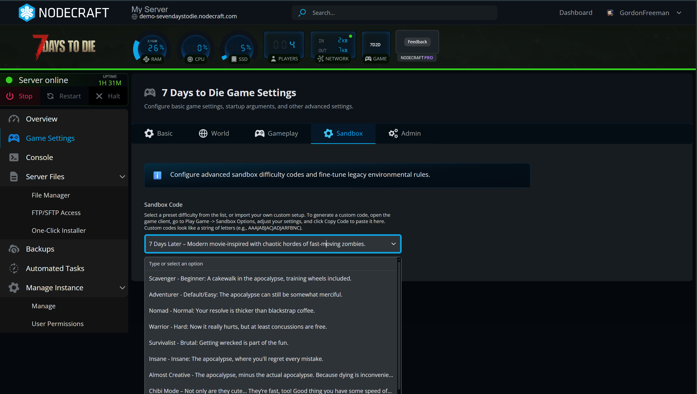 Nodecraft server dashboard in a dark UI showing 7 Days to Die Game Settings with Sandbox tab and preset modes.