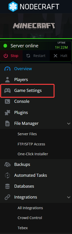 A screenshot of the Nodecraft dashboard with Game Settings highlighted.