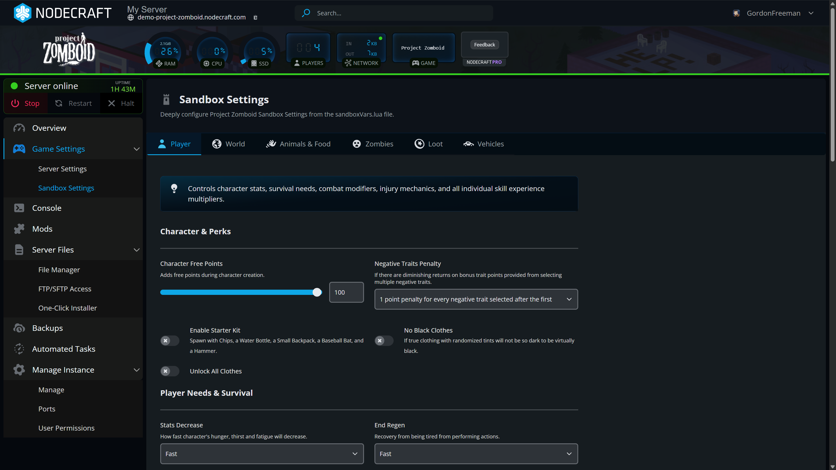 Dark Nodecraft server panel showing Sandbox Settings for Project Zomboid, with a left menu and main area featuring tabs: Player, World, Animals & Food, Zombies, Loot, Vehicles.
