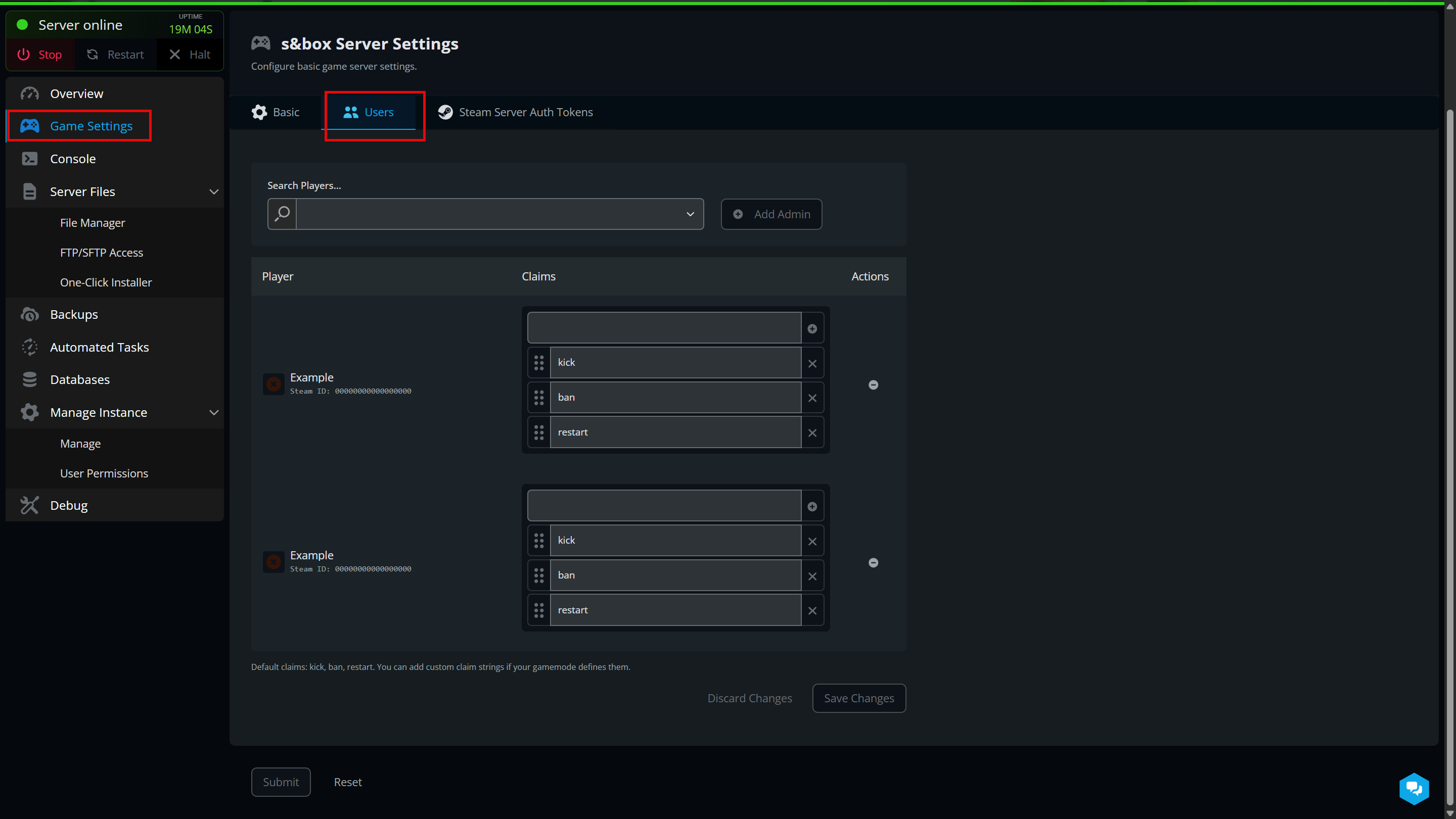 A screenshot of the Nodecraft control panel for an s&box server, showing the 