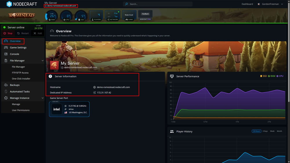 A screenshot of the Nodecraft dashboard interface highlighting where to find the server connection details and IP address for Romestead.