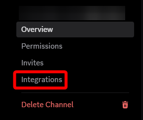 Discord channel settings showing the Integrations menu used to manage webhooks and external services.