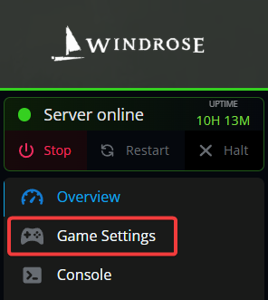 A Nodecraft Windrose server panel with the Game Settings tab highlighted.