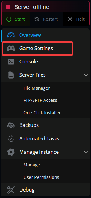 Nodecraft control panel navigation menu with the Game Settings option highlighted for modifying server configuration and operational settings.