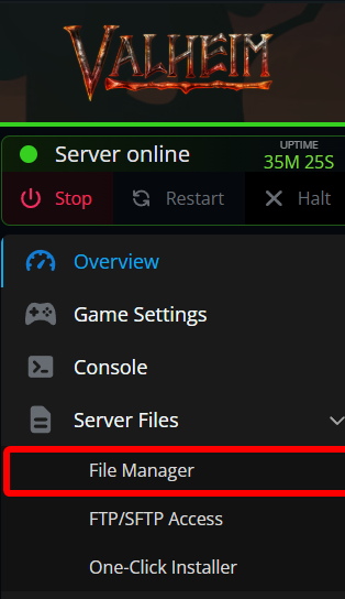 The Valheim server panel with File Manager highlighted under the Server Files section in the left navigation menu.
