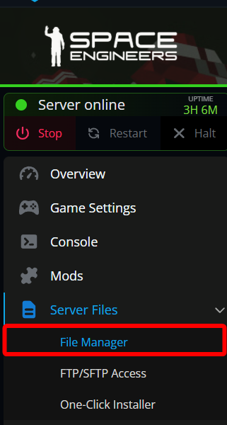The left navigation menu of the Nodecraft control panel highlights the File Manager option under the Server Files section, where server files can be viewed and edited.