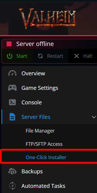 The Valheim server panel with One-Click Installer highlighted under the Server Files section in the left navigation menu.