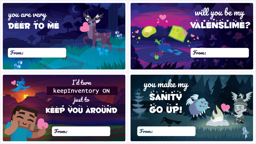 Four punny valentines featuring hytale, minecraft, terraria, and don't starve together!