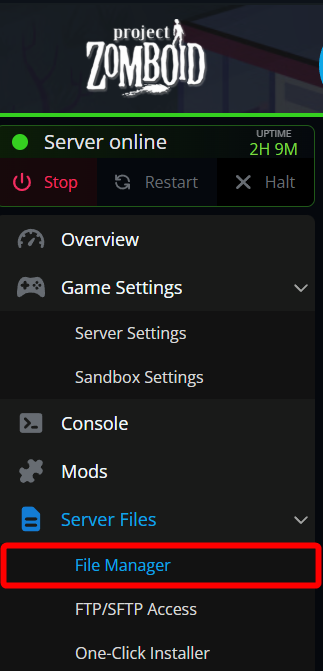 The Project Zomboid server panel with File Manager highlighted under the expanded Server Files section in the left navigation menu.