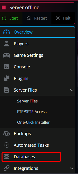 Screenshot of a server management interface showing options like Overview, Players, Game Settings, Console, Plugins, and Databases highlighted.
