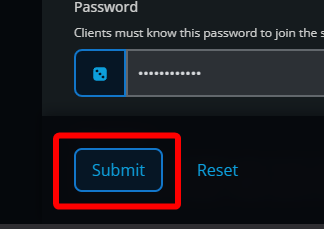 The lower section of the Project Zomboid Server Settings page showing the Submit button beneath the server access settings.