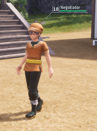 A game character in an orange tunic and hat walks on a sandy ground near stone steps; a name tag above reads [10] Negotiator.