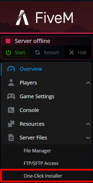 The FiveM server panel with One-Click Installer highlighted in the left navigation menu under the Server Files section.
