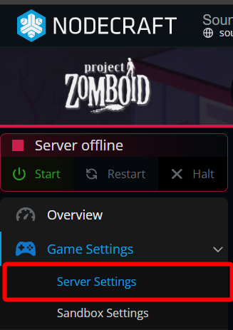 The Project Zomboid server panel with Server Settings highlighted under the expanded Game Settings section in the left navigation menu.