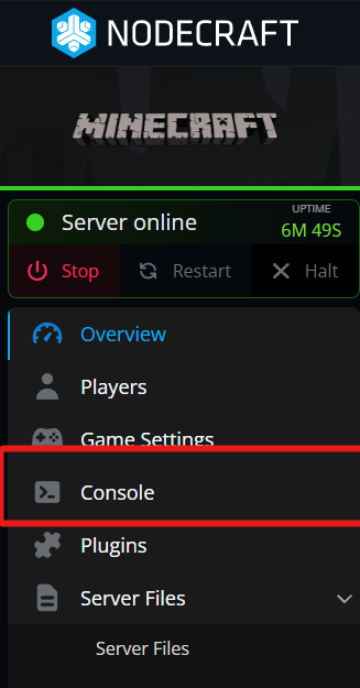 Nodecraft Minecraft server panel showing 'Server online' (uptime 6M 49S), control buttons and sidebar with 'Console' highlighted.
