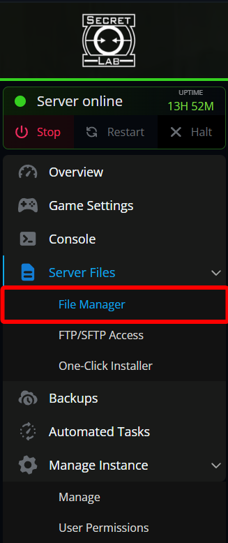 Close-up of the Nodecraft control panel sidebar menu, showing the Server Files dropdown expanded with a red box highlighting the File Manager option under an online server status.