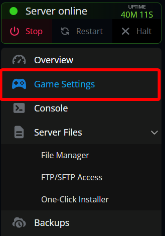 The Valheim server panel with Game Settings highlighted in the left navigation menu.