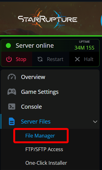 StarRupture server panel sidebar with the File Manager option highlighted under Server Files.