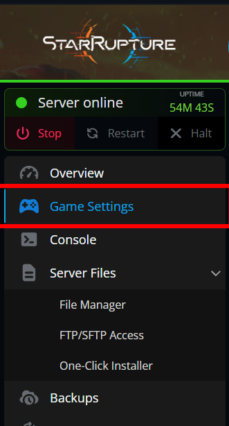 Nodecraft server panel with the Game Settings option highlighted in the sidebar for a StarRupture server.