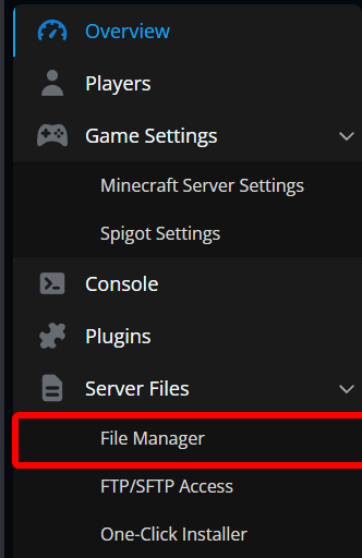 Minecraft server panel sidebar with the File Manager option highlighted under Server Files.