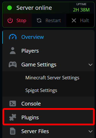 Nodecraft Minecraft server panel with the Plugins tab highlighted in the sidebar navigation.