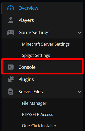 Nodecraft control panel sidebar with the Console option highlighted for a Minecraft server.