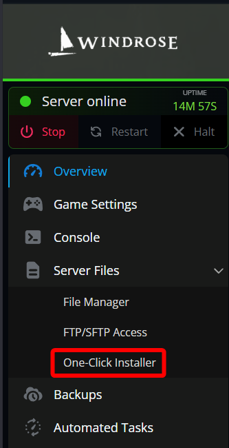 Windrose server panel sidebar with the One-Click Installer option highlighted under Server Files.