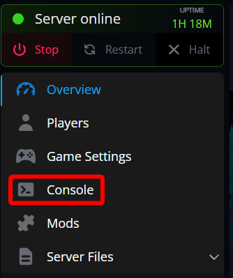 Nodecraft dashboard with the Console section selected for a Hytale server.