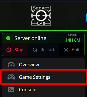 Close-up of the Nodecraft control panel sidebar for an SCP: Secret Laboratory server, showing the server status as online with a red box highlighting the Game Settings option under the Overview tab.
