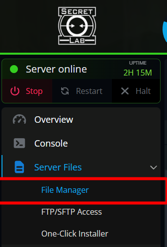 Close-up of the Nodecraft control panel sidebar menu, showing the Server Files dropdown expanded with a red box highlighting the File Manager option.