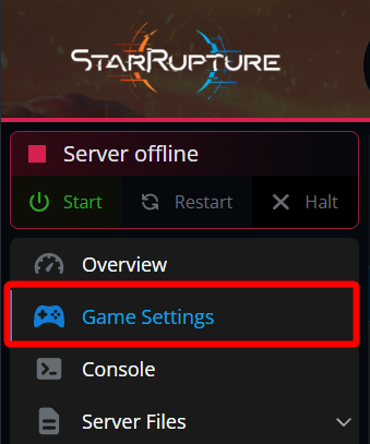 StarRupture server panel sidebar with the Game Settings option highlighted.